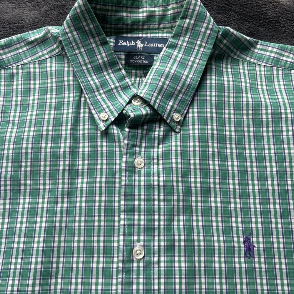 Ralph Lauren Shirt Mens Size Large BLAKE Short Sleeve Green Plaid 100% Cotton